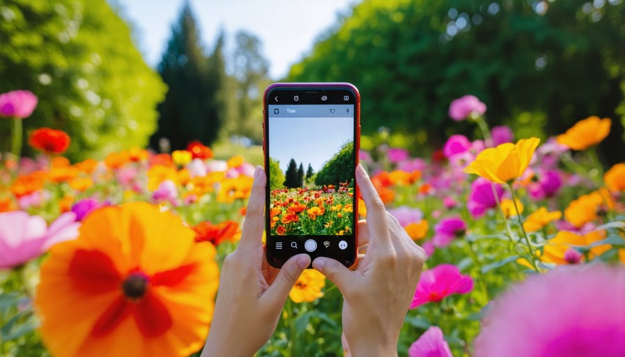Hand holding smartphone capturing colorful garden flowers with Instagram photo filters and interface visible