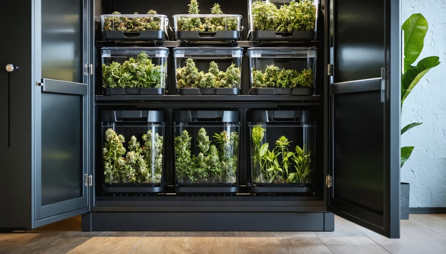 Person placing secure smell-proof container on high kitchen cabinet shelf