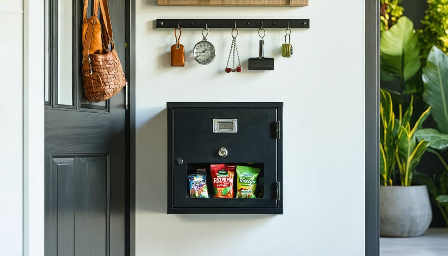 Secure metal lockbox mounted on mudroom wall near garden entry area