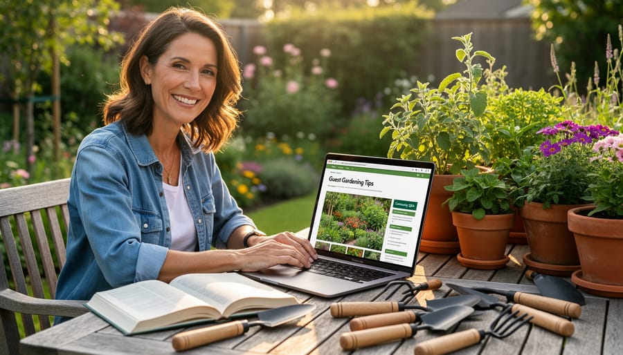 Garden professionals sharing expertise with engaged community members outdoors