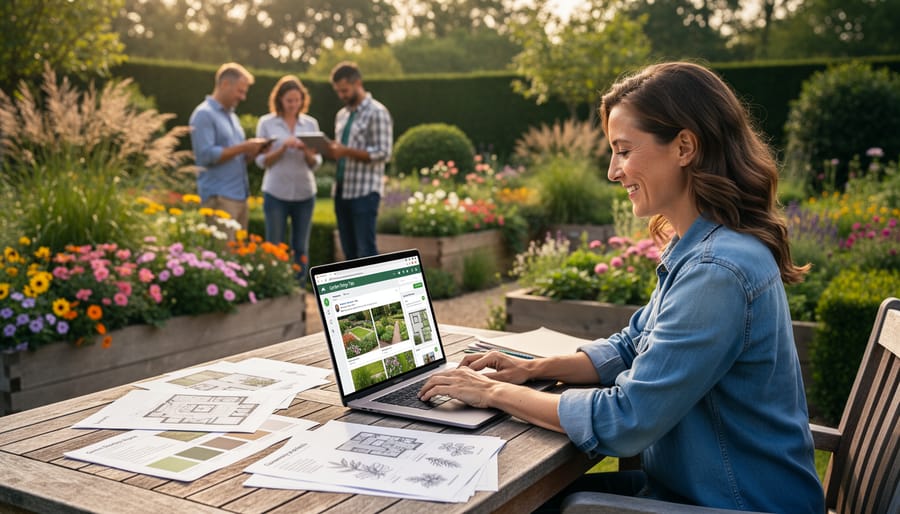 Garden designer working on laptop surrounded by beautiful garden setting
