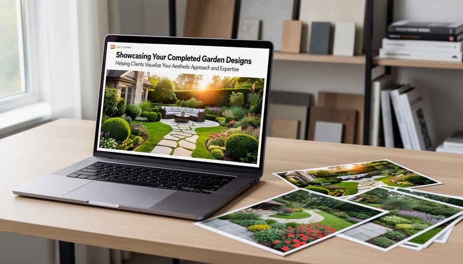 Aerial view of professionally designed residential garden with pathways and plantings