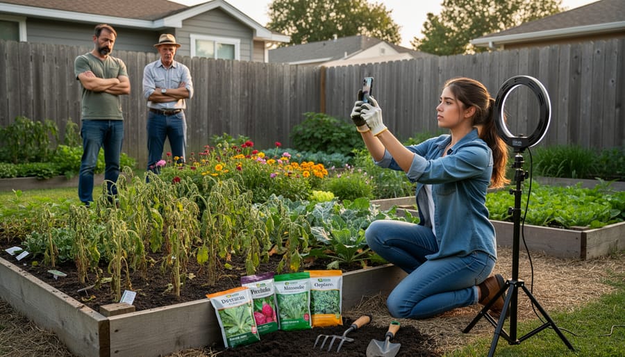 Gardener looking concerned at smartphone while sitting in their garden