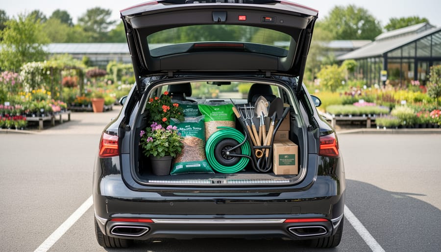 Overhead view of car trunk containing potted plants, gardening supplies and camera equipment