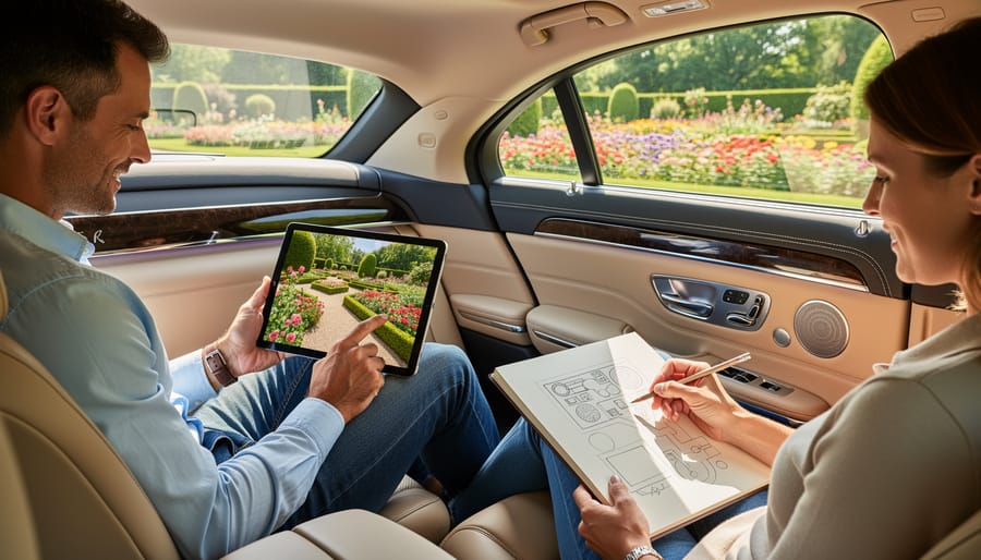 Interior view of luxury town car with notebook and camera on seat, garden scenery visible through window