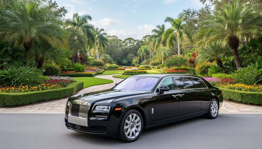 Black luxury town car parked at botanical garden entrance surrounded by flowering plants
