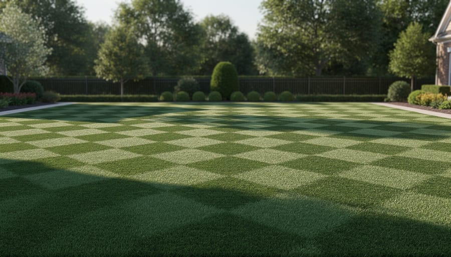 Aerial view of lawn with checkerboard mowing pattern creating alternating light and dark green squares