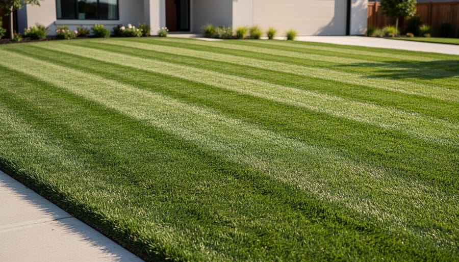 Freshly mowed lawn displaying professional striped pattern with alternating light and dark green bands