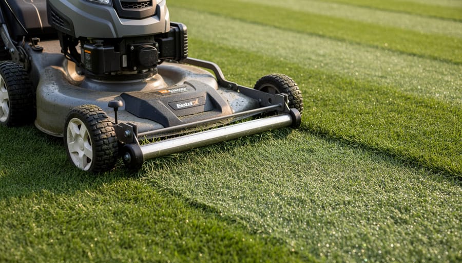 Close-up of lawn mower striping kit attachment showing roller mechanism