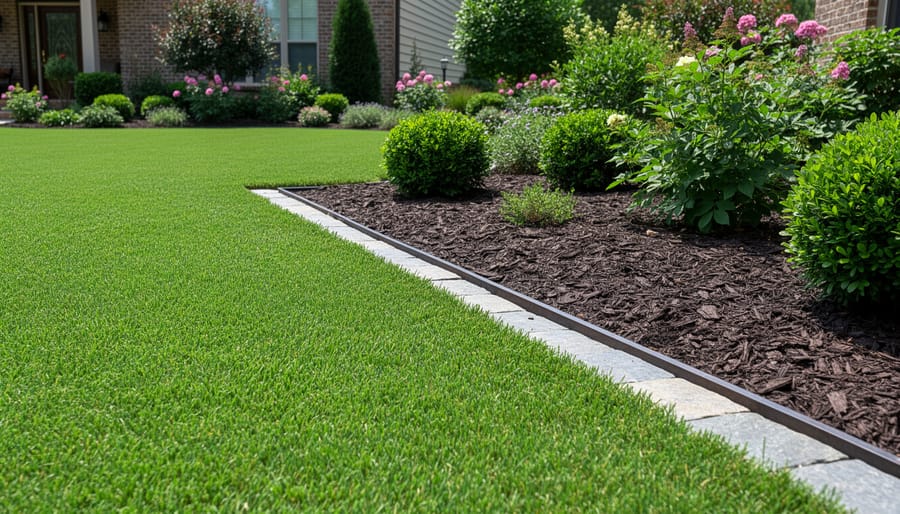 Clean sharp edge between manicured lawn and mulched flower bed showing professional edging technique