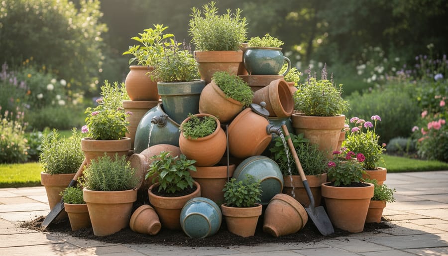 Architectural garden pots arranged on a terrace with lush plants