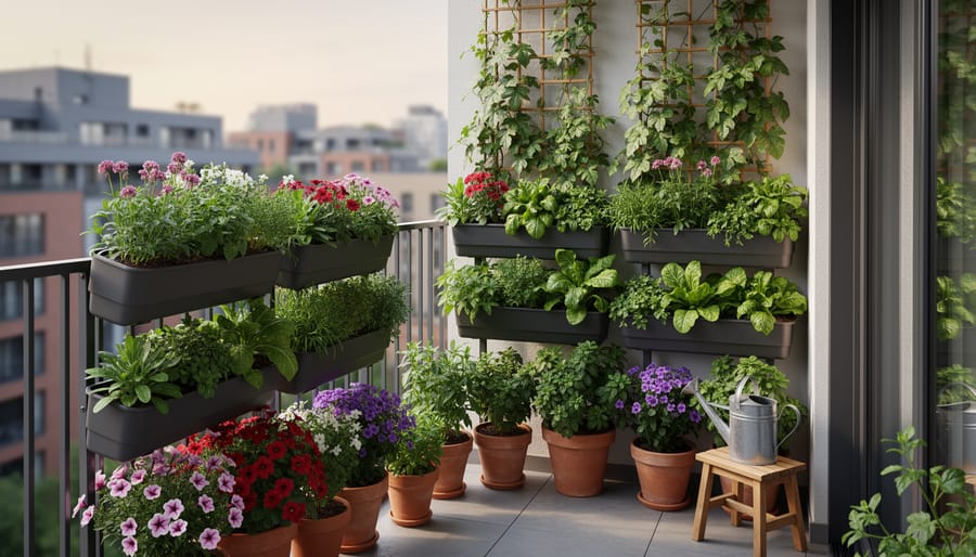 Balcony with vertical and hanging container planters growing peppers, lettuce, and marigolds.