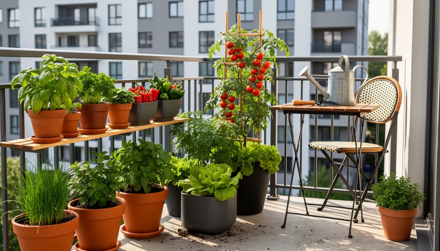Beginner gardener arranging small herb containers and grow bags on a sunny balcony