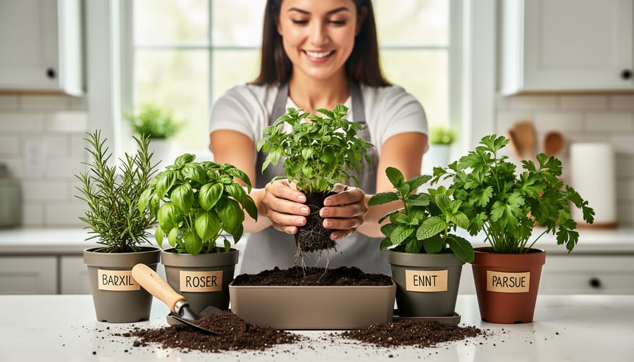 Beginner gardener kneeling beside a raised herb bed while planting basil, parsley, chives, and rosemary