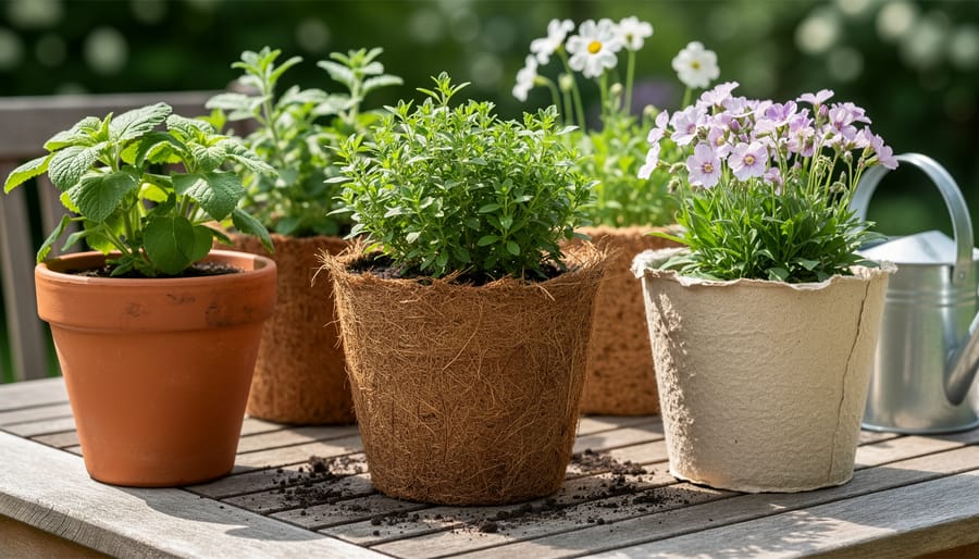 Gardener’s hands holding a biodegradable fiber planter liner near natural pots and plant leaves