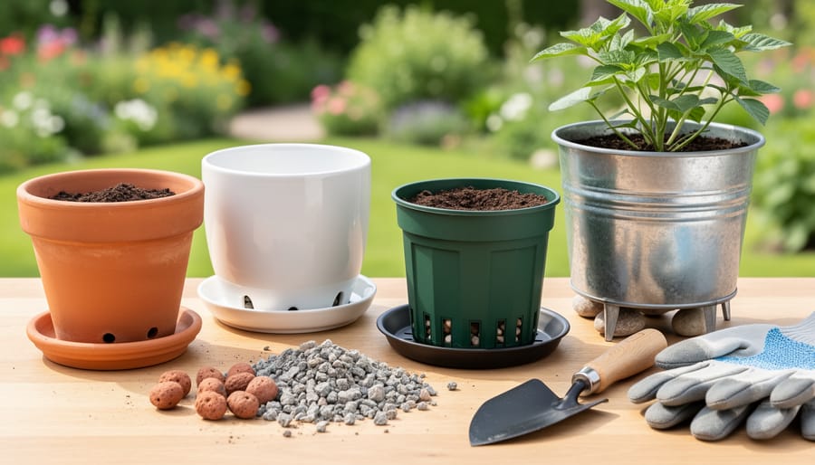 Close view of different container types including terracotta, ceramic, plastic, and fabric with drainage holes visible
