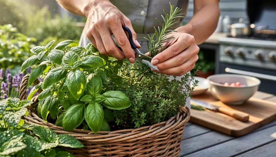 Gardener holding freshly harvested sprigs of basil, parsley, chives, and rosemary over a cutting board