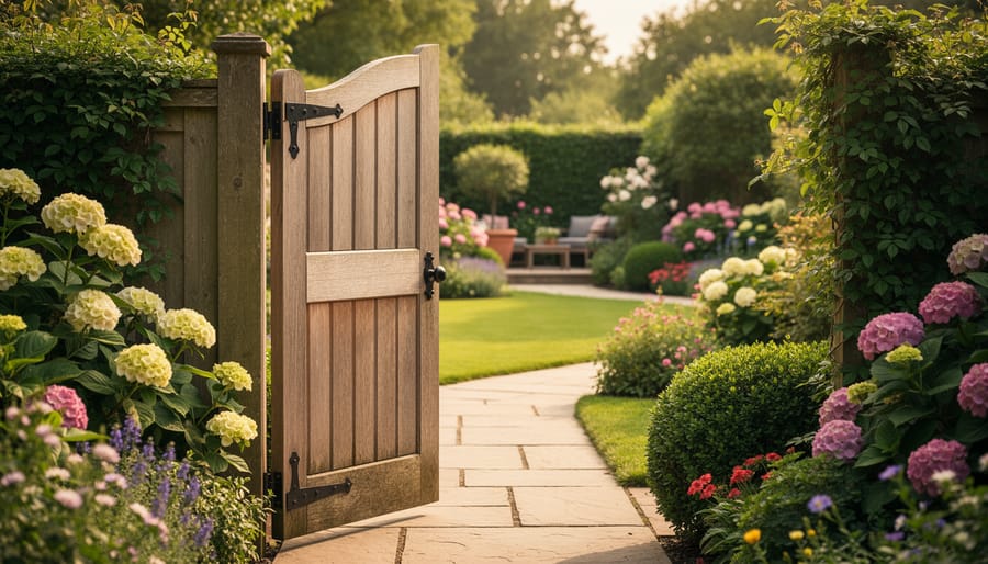 A weathered wooden garden gate ajar leading to a lush backyard pathway and greenery