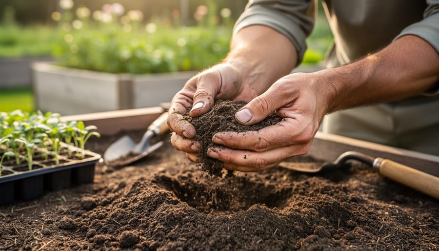 Gardener kneeling by a raised bed holding and examining crumbly soil in their hands