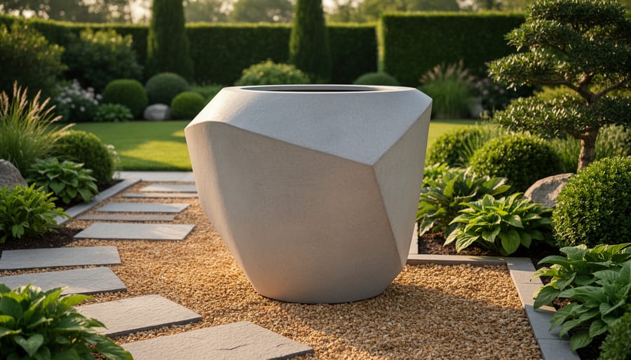 Geometric glazed ceramic planter with ornamental grass, herbs, and trailing nasturtiums spilling over the rim.