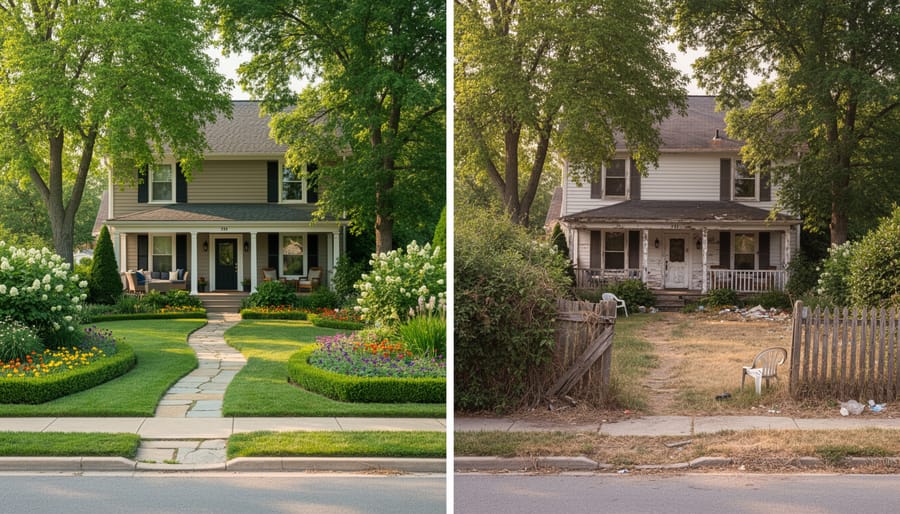 Mature tree canopy and established flowering shrubs over a residential garden at golden hour