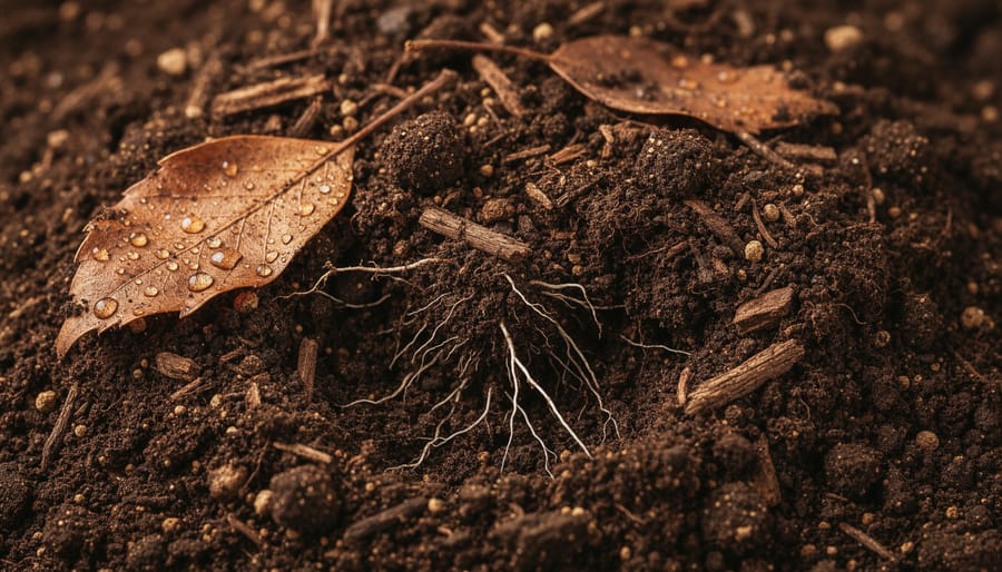 Macro close-up of dark, crumbly gardening soil with visible organic matter and fine roots
