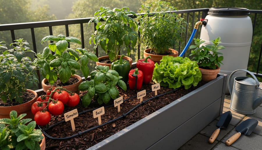 Herbs growing in a container garden with visible soil and a water catch tray beneath