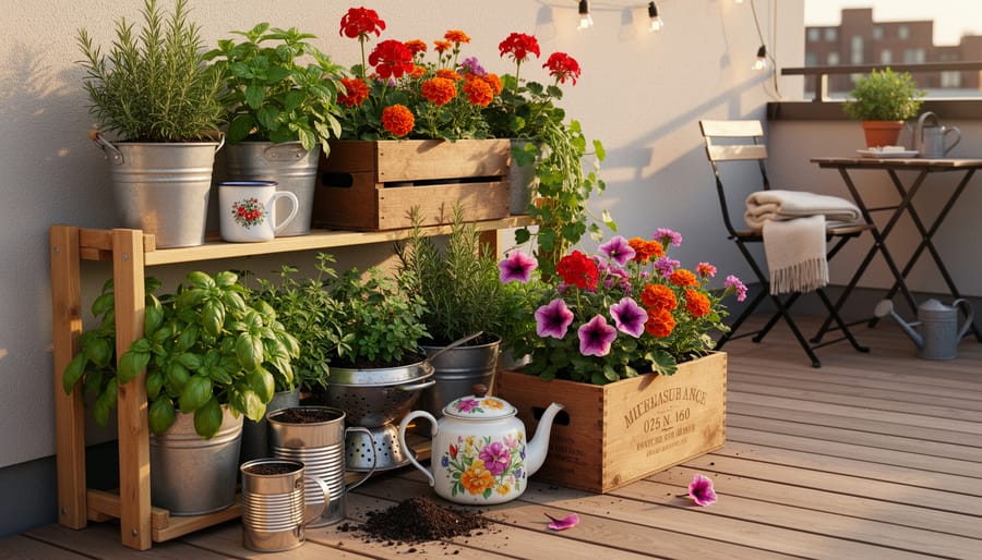 Wheelbarrow and stacked crate container garden on a patio with herbs and trailing flowers.