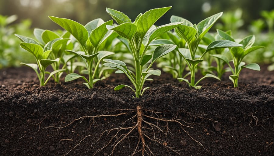 Vibrant garden plants growing in soil with an exposed clump showing healthy root structure near the bed edge