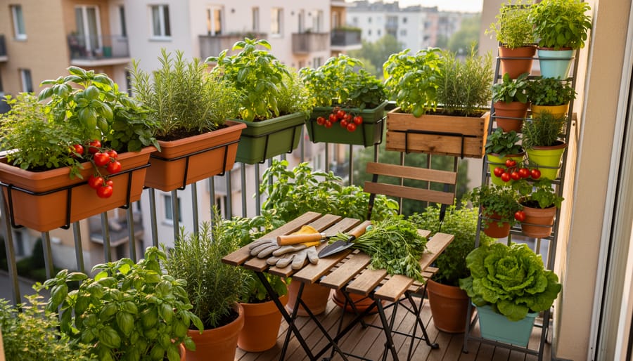 A small balcony garden with potted herbs and leafy greens arranged along a railing in daylight