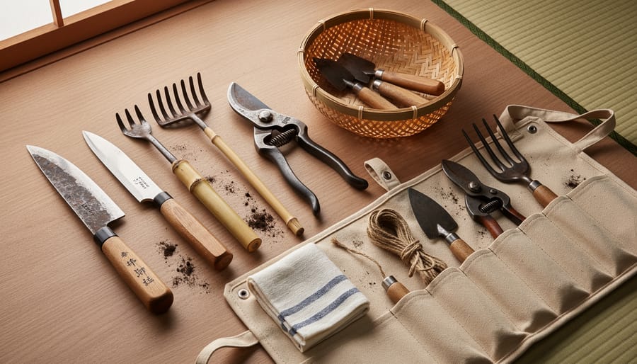 Assorted Japanese gardening tools laid out neatly on a rolled cloth tool mat.