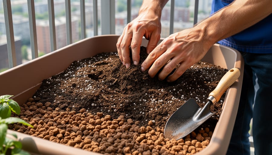 Close-up of hands filling a small container with potting mix on a patio table