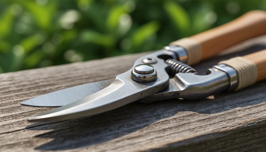 Close-up of Japanese carbon-steel pruning shears on a wooden workbench showing detailed metal texture.