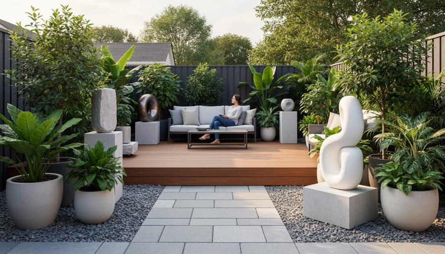 Colorful flowering plants growing in sculptural ceramic planters with a metal garden sculpture in a backyard