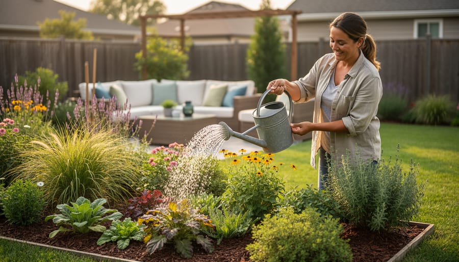 Gardener’s hands watering a low-maintenance flower bed with a watering can near a stone pathway