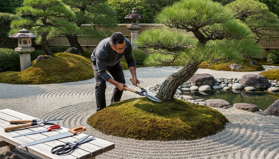Gardener trimming an ornamental shrub with Japanese-style pruning shears in a Japanese garden setting.