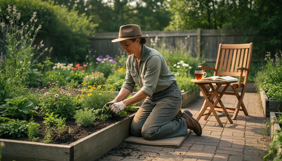 Person relaxing on a garden bench with a mug of coffee beside blooming flowers in a backyard garden at golden hour