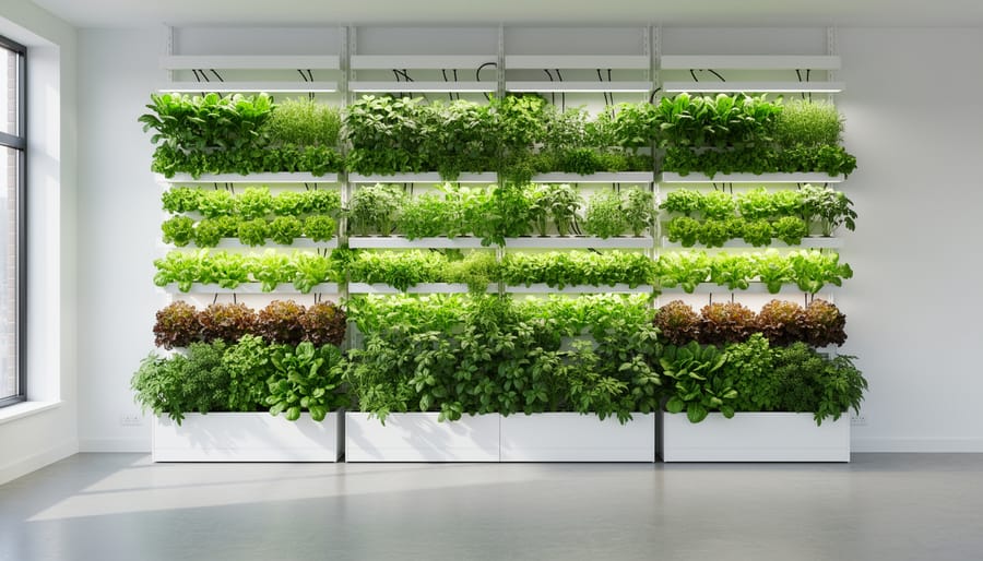 Vertical wall garden with tiered planters and trailing plants illuminated by golden hour light