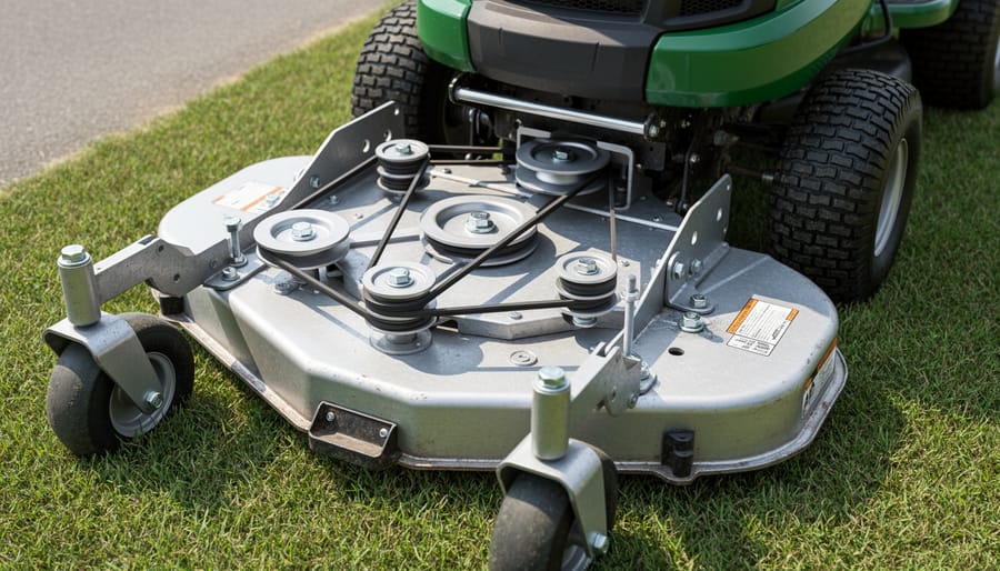 Close-up of a riding mower deck underside showing the deck mower belt around pulleys