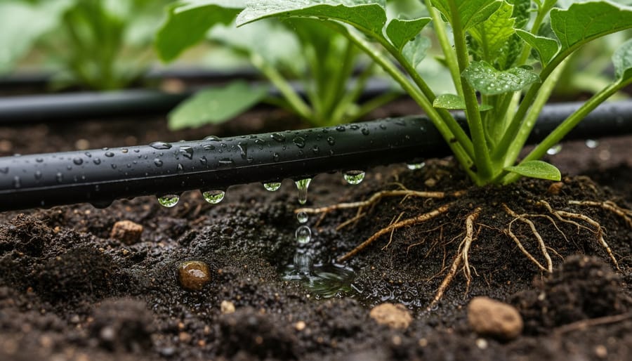 Drip irrigation emitter delivering water into soil beside a plant