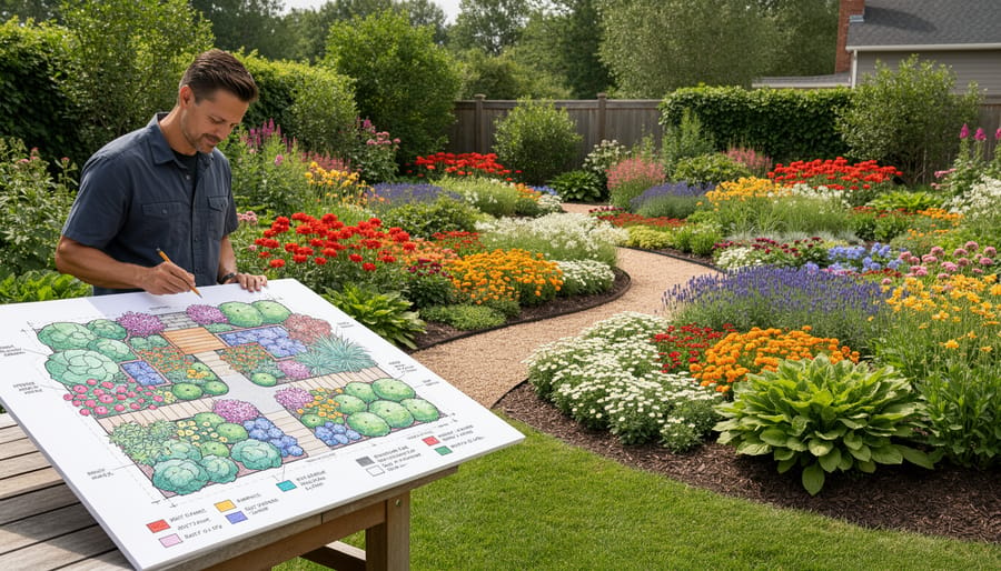 Sketchbook, colored pencils, and potted seedlings on a bench overlooking a spring garden bed