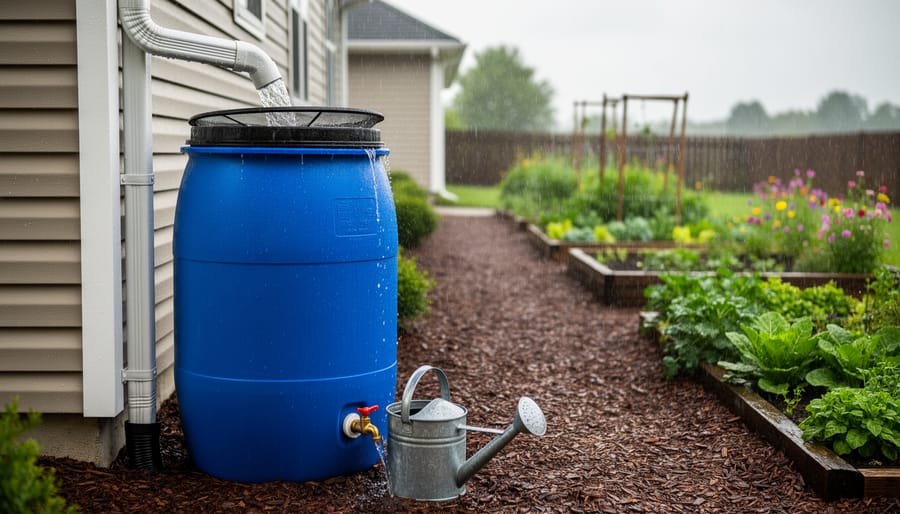 Rain barrel connected to a downspout with a hose leading to a garden irrigation area