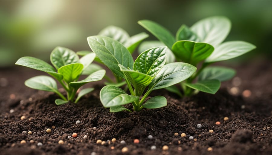 Healthy green plants growing in dark, nutrient-rich soil with visible compost in a garden bed.