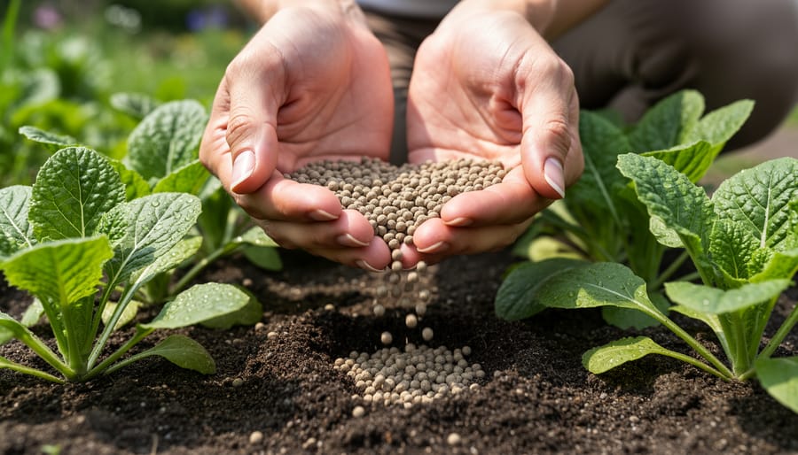 Gardener’s hands sprinkling fertilizer granules around the stems of flowering plants in pots.