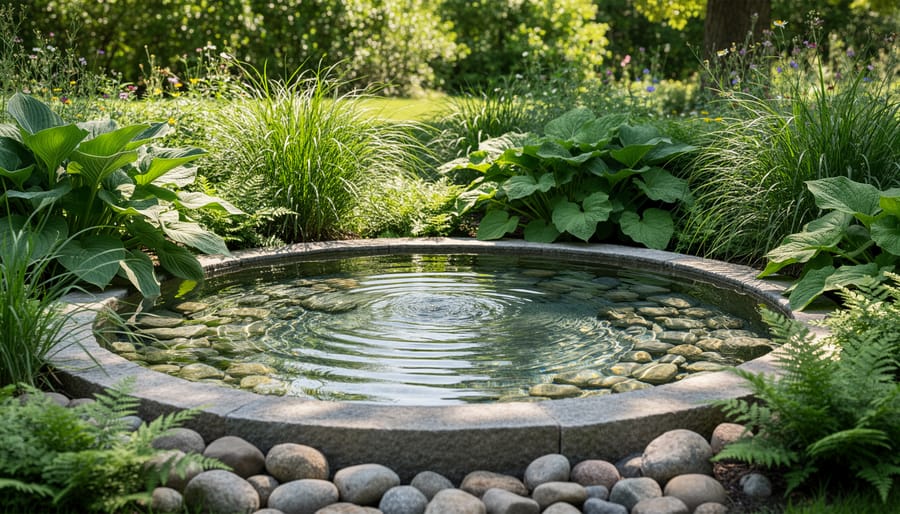 Gentle fountain water feature and birdbath with flowering plants in a therapeutic garden