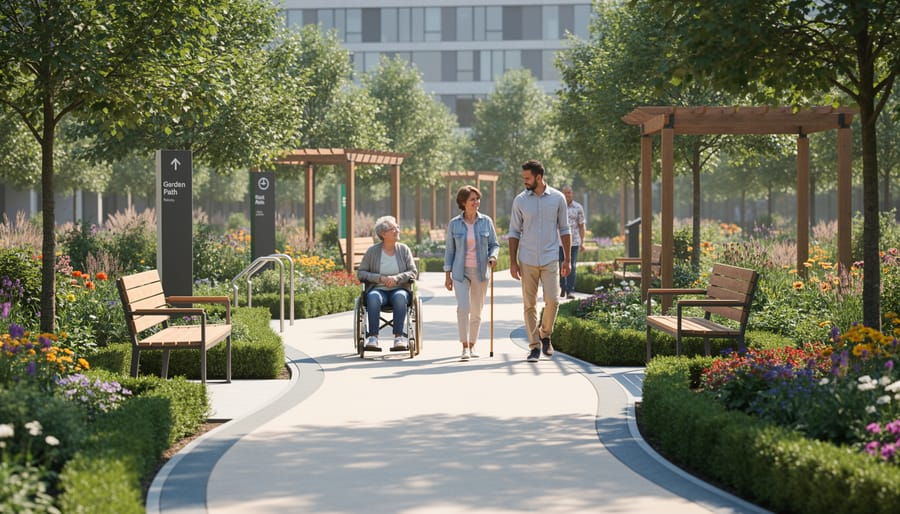 Wheelchair alongside an accessible garden path with handrails and lush greenery near a hospital building