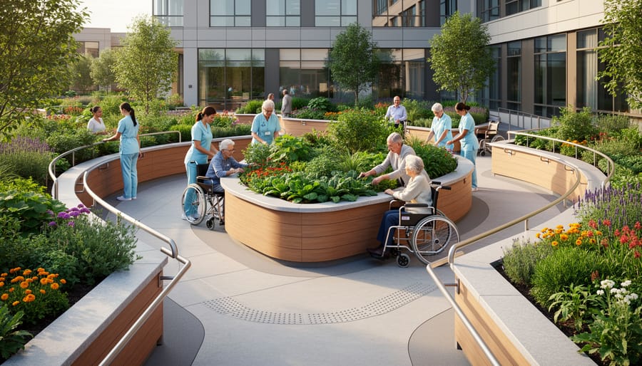 Raised garden bed with flowering herbs and slip-resistant edging in a hospital therapeutic garden