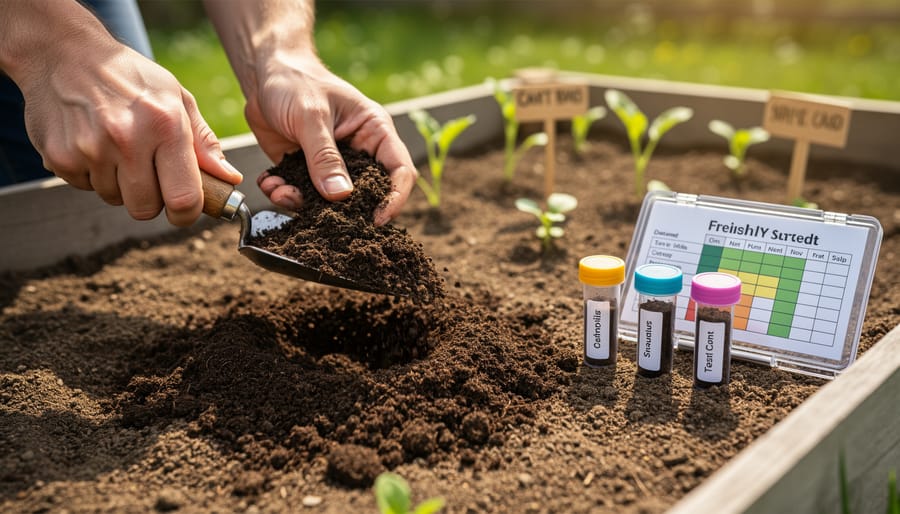 Gardener’s hands mixing compost into dark soil in a raised garden bed
