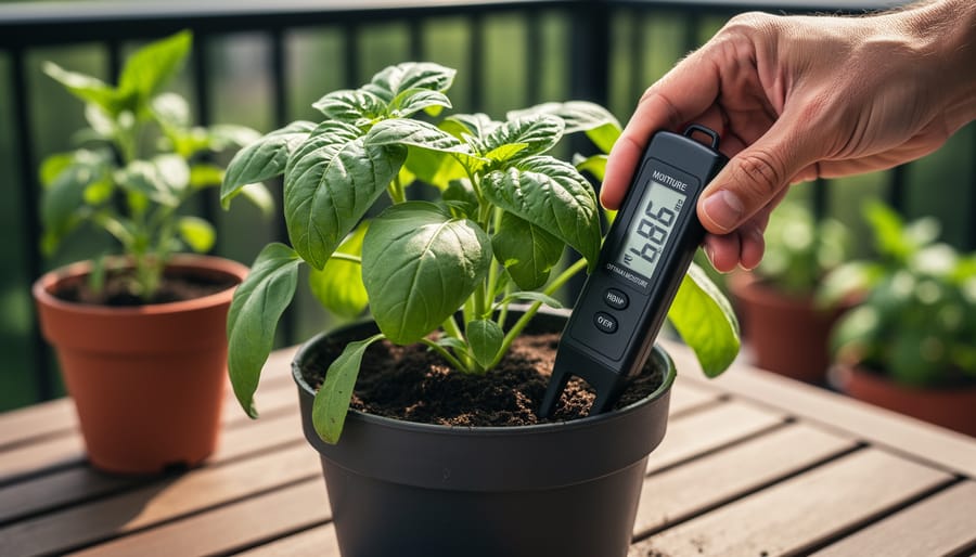Gardener checking soil moisture near a plant root zone using a handheld soil moisture meter