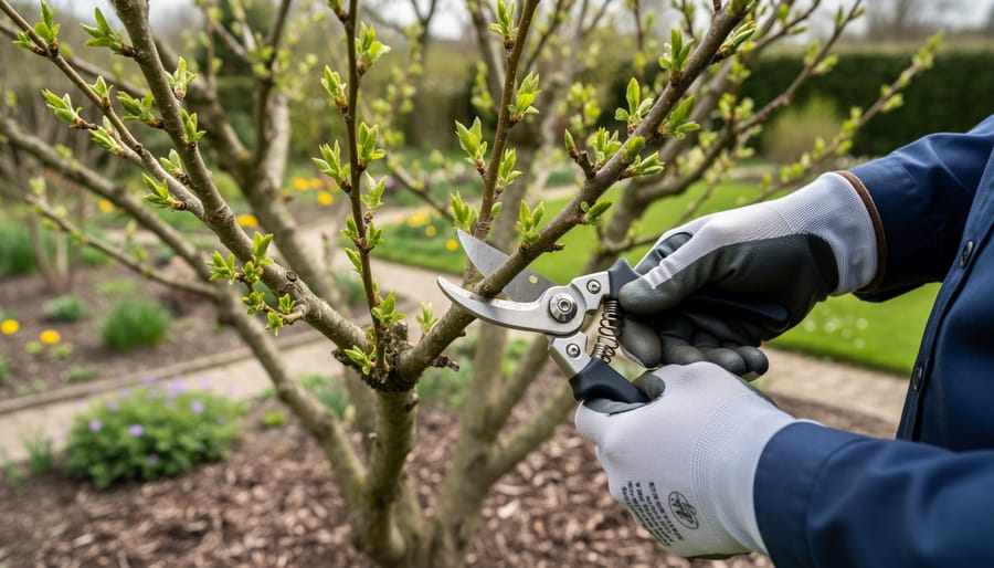 Gardener using hand pruners to trim a spring-budding flowering shrub